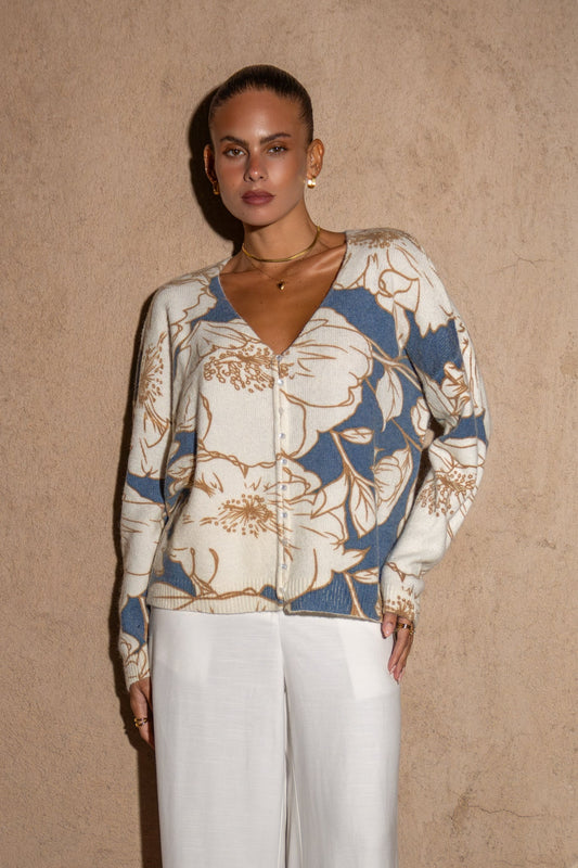 Image of a model wearing Tops. Productname: Heychic Lorraine Floral Knit Cardigan in Blue colour by brand - Heychic