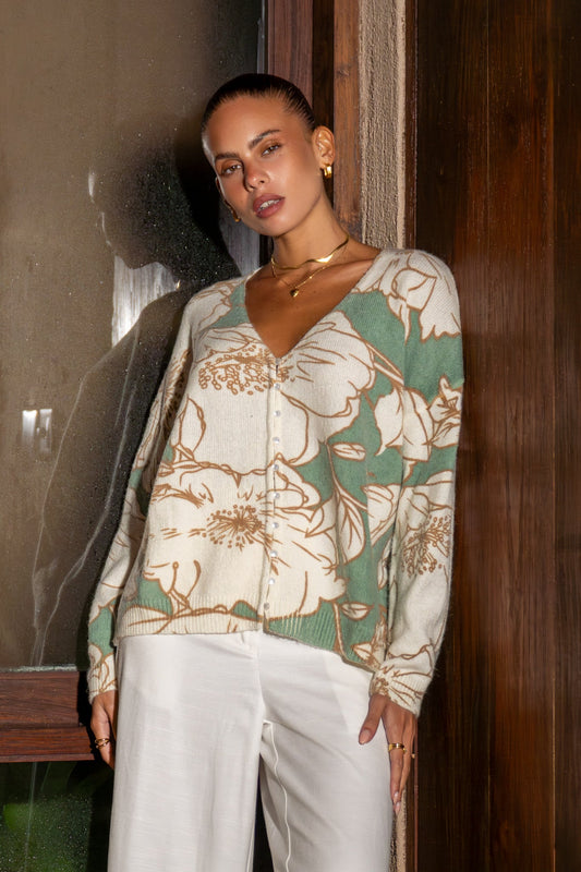 Image of a model wearing Tops. Productname: Lorraine Green Floral Knit Cardigan in Floral colour by brand - Heychic