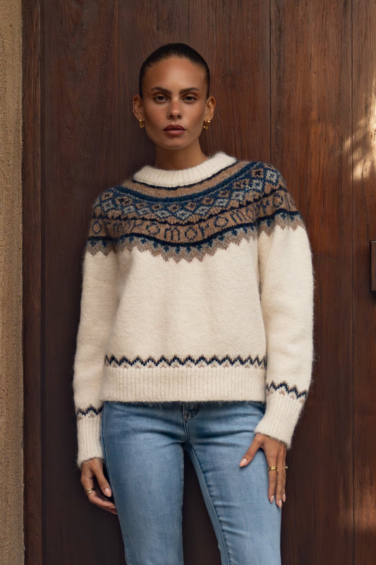 Image of a model wearing Tops. Productname: Heychic Irma Fair Isle Knit Sweater in Cream colour by brand - Heychic
