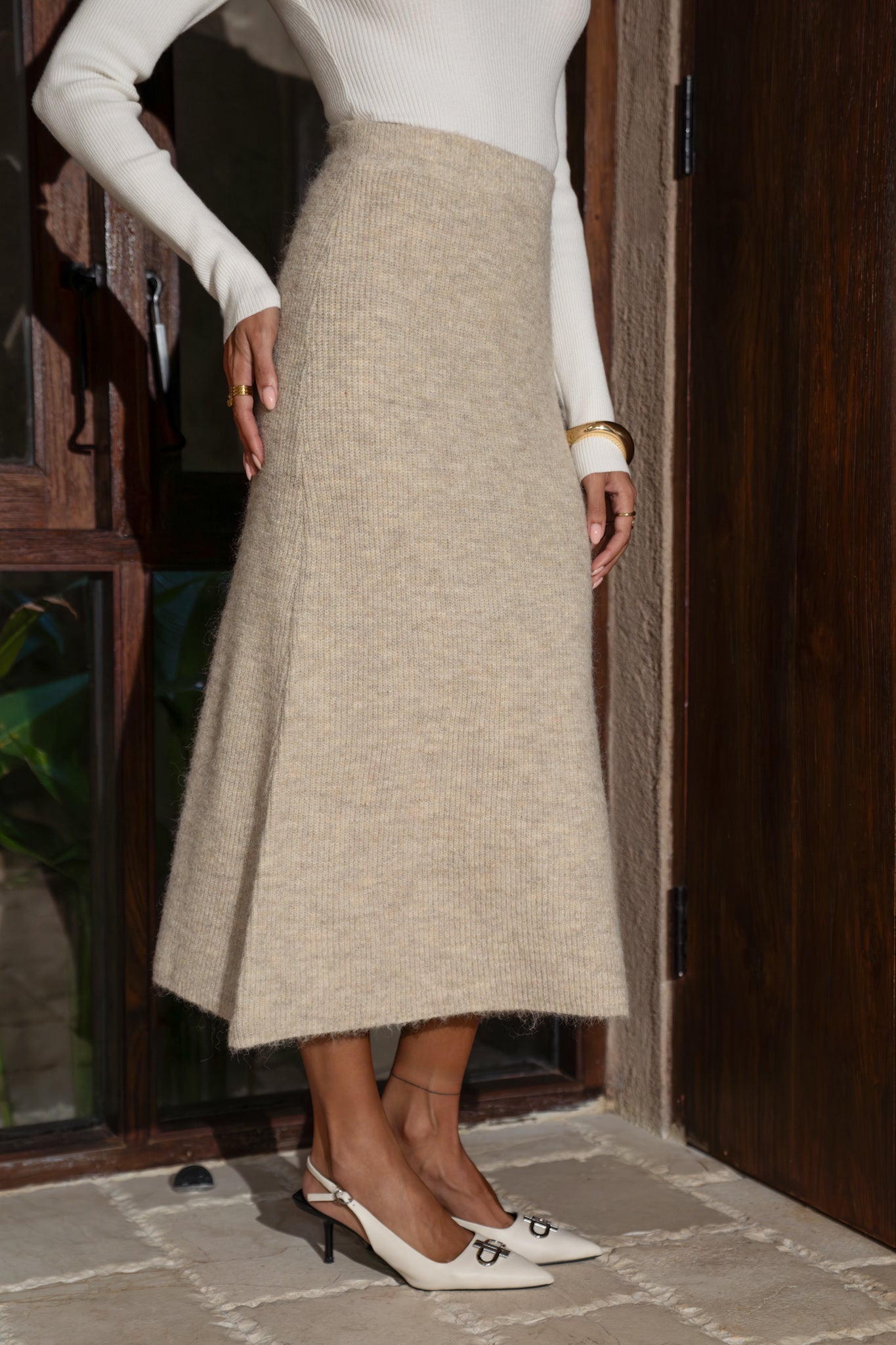 Heychic Janine Knit Midi Skirt (Brown)