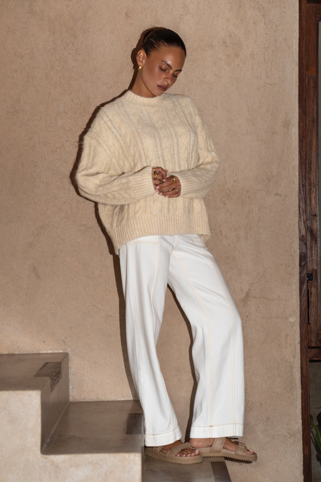 Heychic Meg Cable Knit Sweater (Beige)