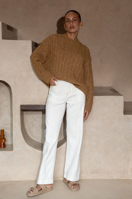 Image of a model wearing Tops. Productname: Heychic Meg Cable Knit Sweater in Brown colour by brand - Heychic