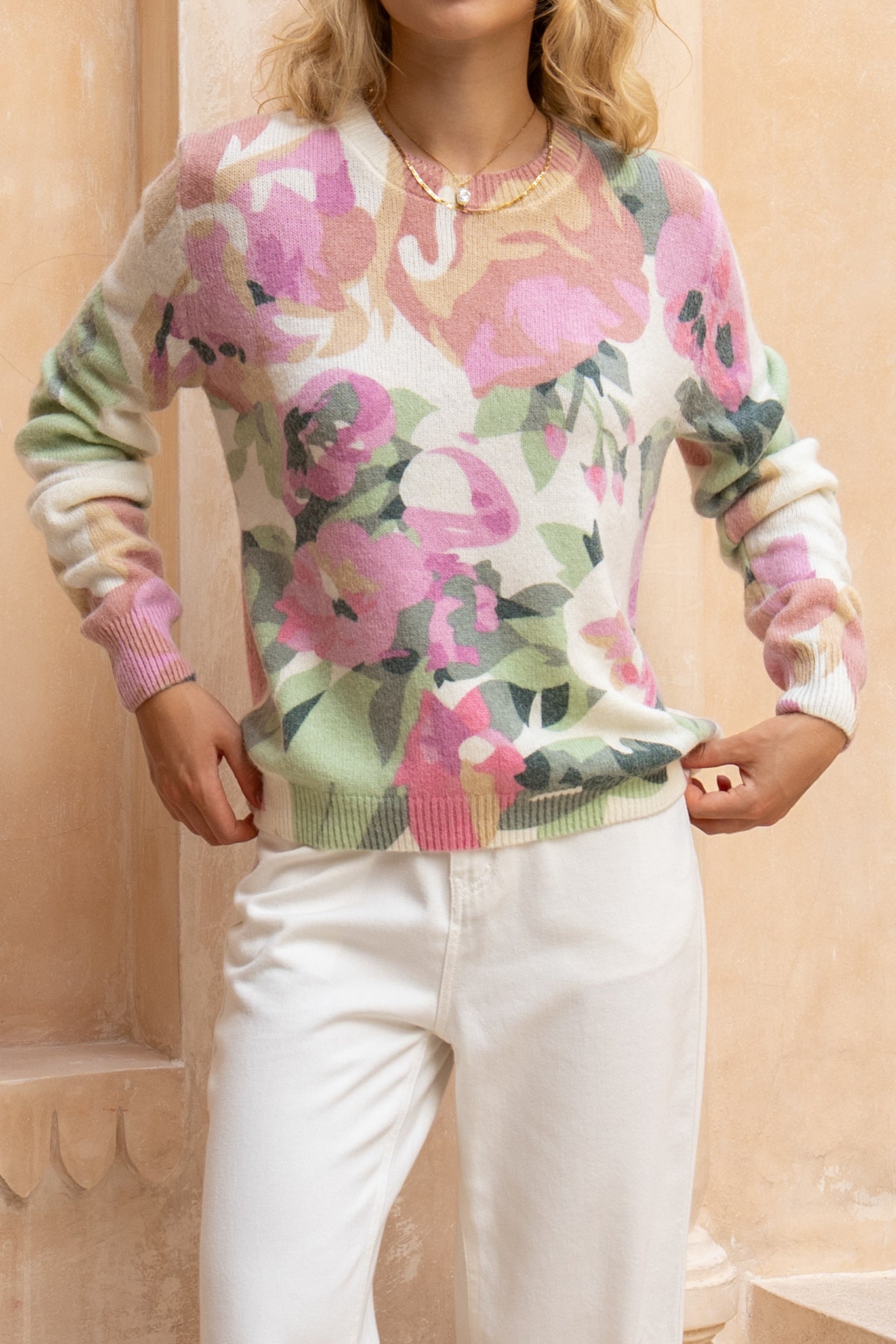 Heychic Margaret Pink Floral Knit Sweater (Green)