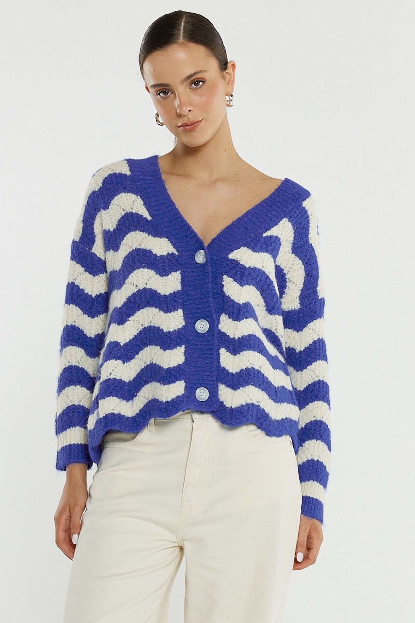 Sass Clothing Etta Wavy Stripe Cardi (Cream/Blue)