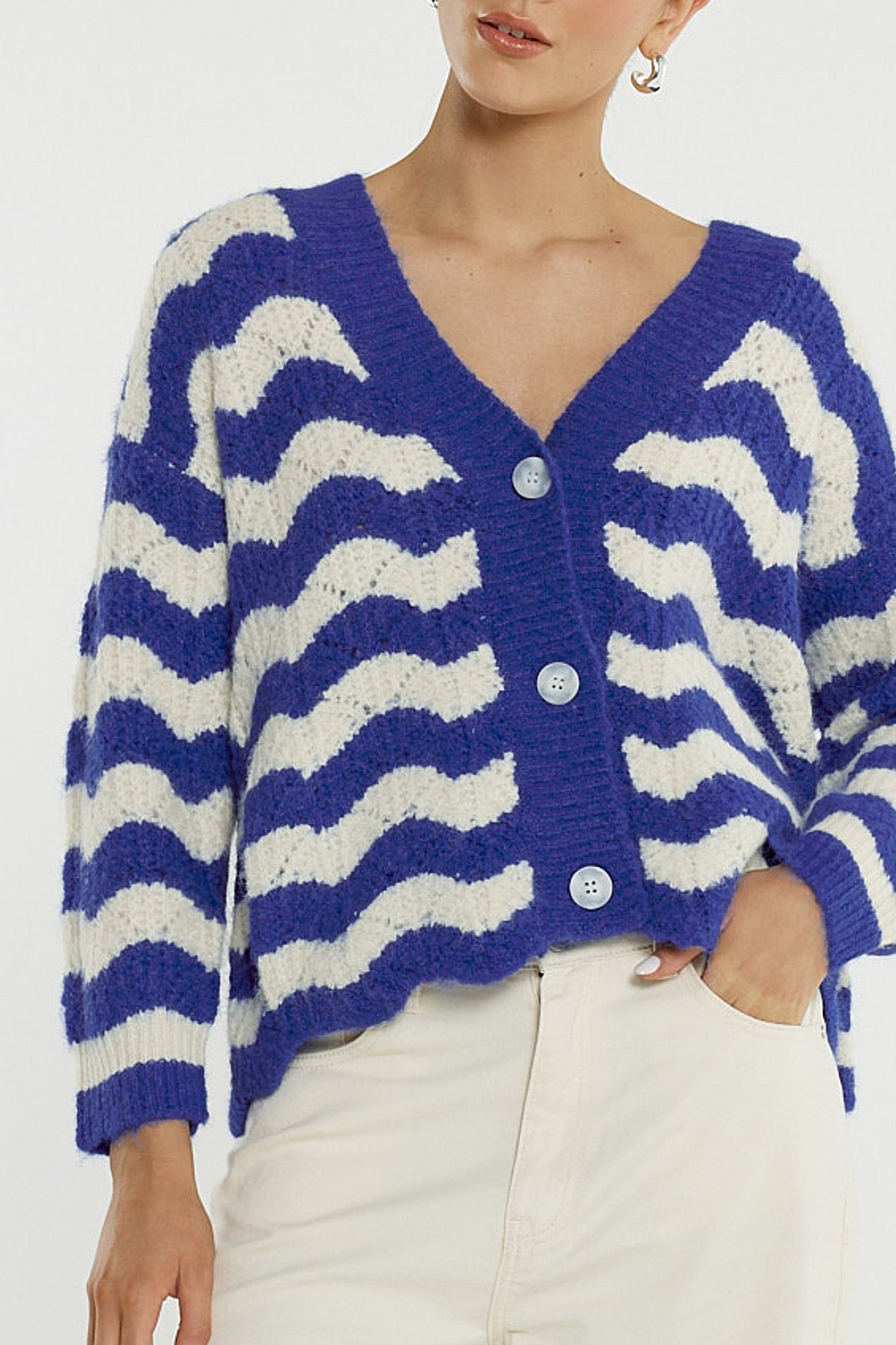 Sass Clothing Etta Wavy Stripe Cardi (Cream/Blue)