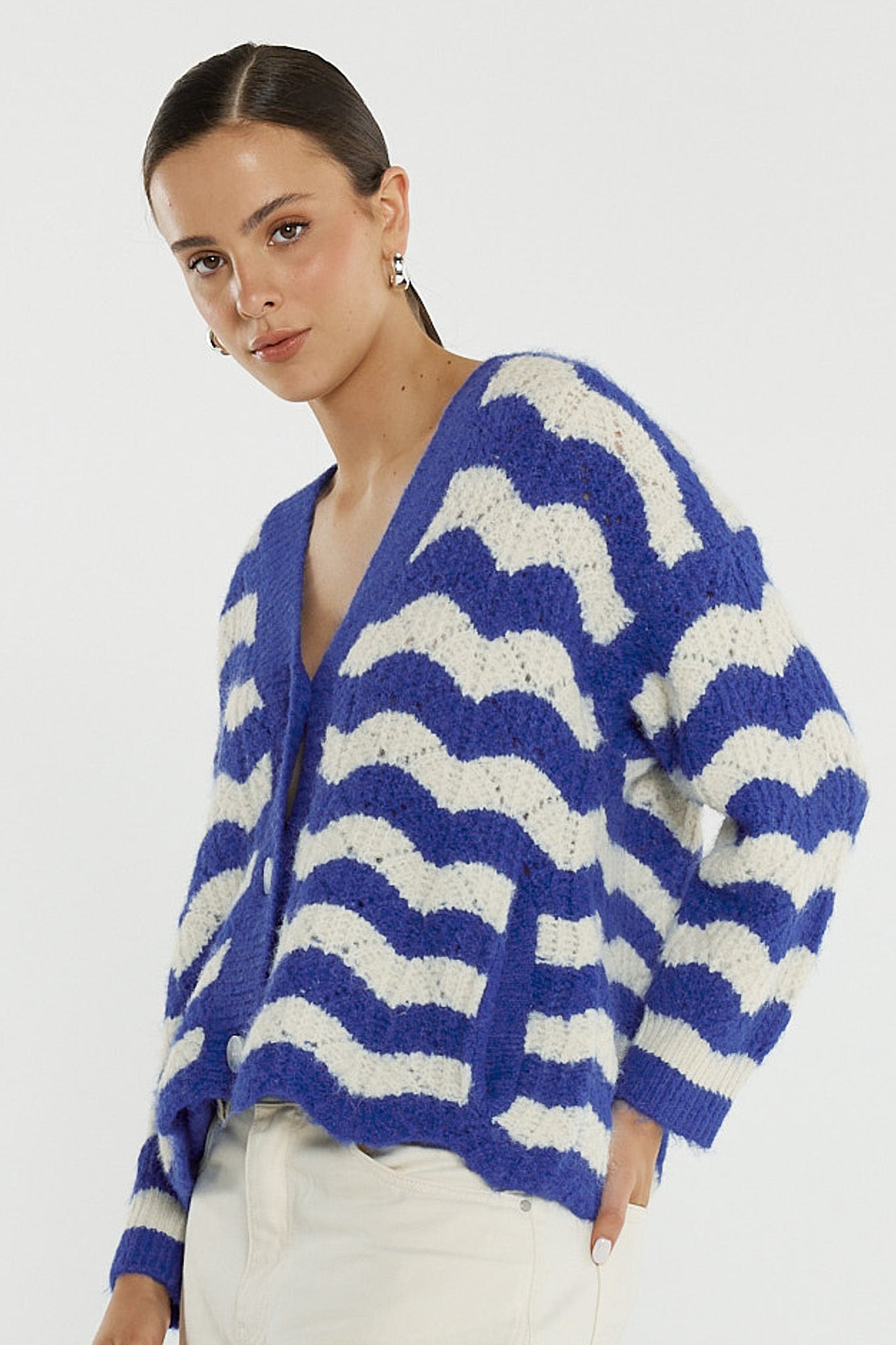 Sass Clothing Etta Wavy Stripe Cardi (Cream/Blue)