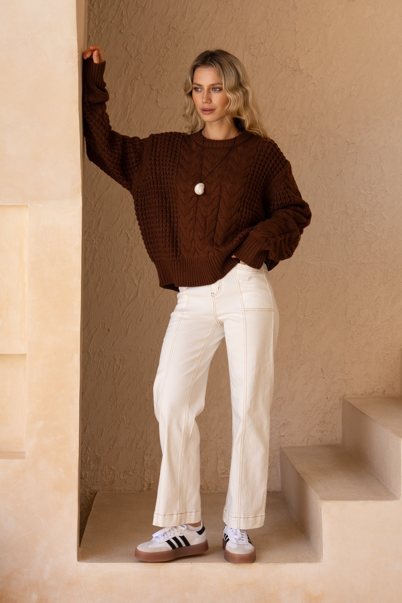 HEYCHIC Alia Cable Knit Sweater (Brown)