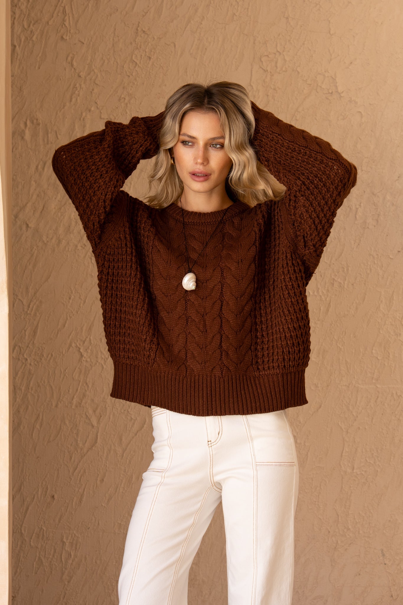 HEYCHIC Alia Cable Knit Sweater (Brown)