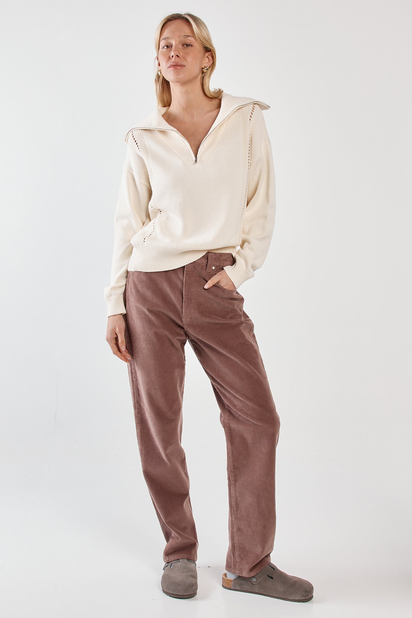 Sass Clothing Esti Pointelle Zip Up Knit (Cream)