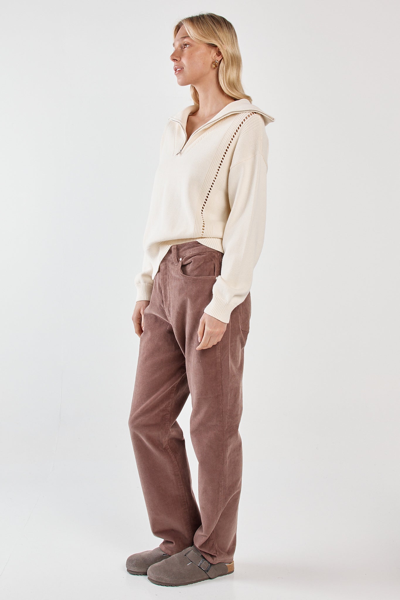 Sass Clothing Esti Pointelle Zip Up Knit (Cream)