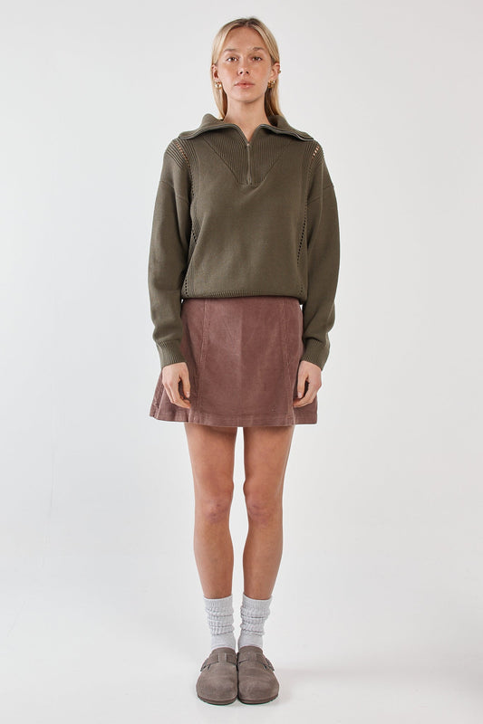 Sass Clothing Esti Pointelle Zip Up Knit (Khaki)
