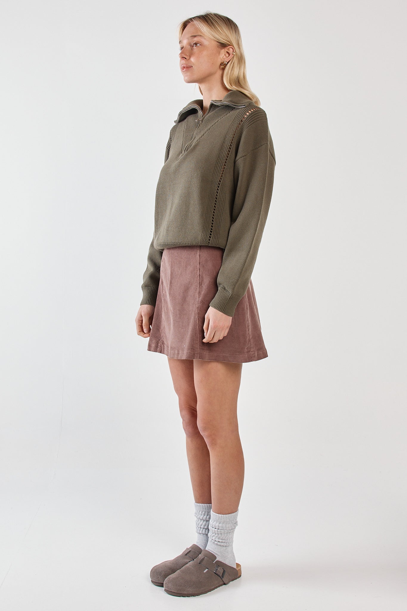 Sass Clothing Esti Pointelle Zip Up Knit (Khaki)