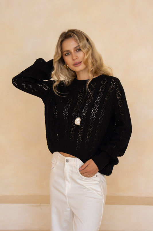 Image of a model wearing Tops. Product name - Kinsley Black Pointelle Knit in Black colour by brand - HEYCHIC