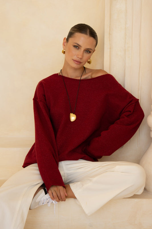 Image of a model wearing Tops. Product name - Ginny Burgundy Knit Sweater in Burgundy colour by brand - HEYCHIC