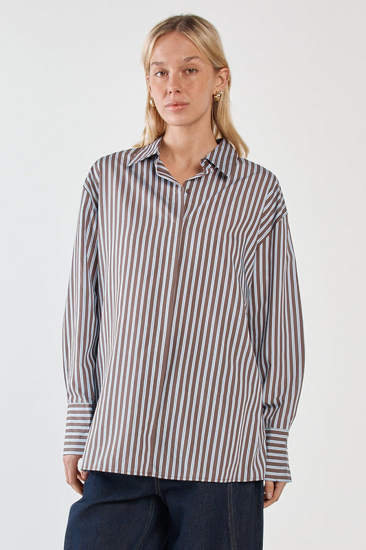 Image of Blouses. Product name - Claudia Stripe Shirt Choc Blue in Choc Blue colour by brand - Sass Clothing