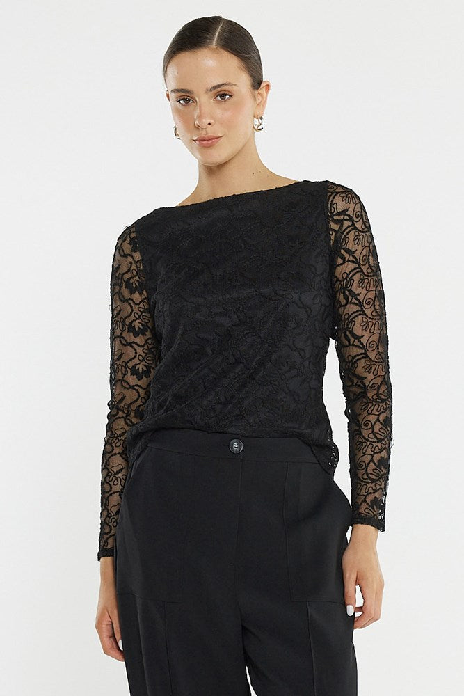 Image of a model wearing Tops. Product name - Effie Mesh Top in Black colour by brand - Sass Clothing