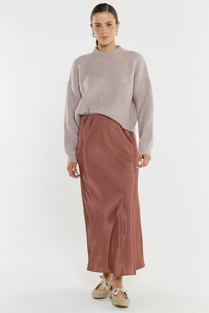 Image of a model wearing Skirts. Product name - Nell Bias Skirt in Rosewood colour by brand - Sass Clothing