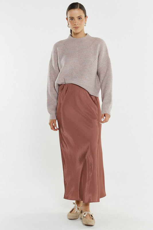 Image of a model wearing Skirts. Product name - Nell Bias Skirt in Rosewood colour by brand - Sass Clothing