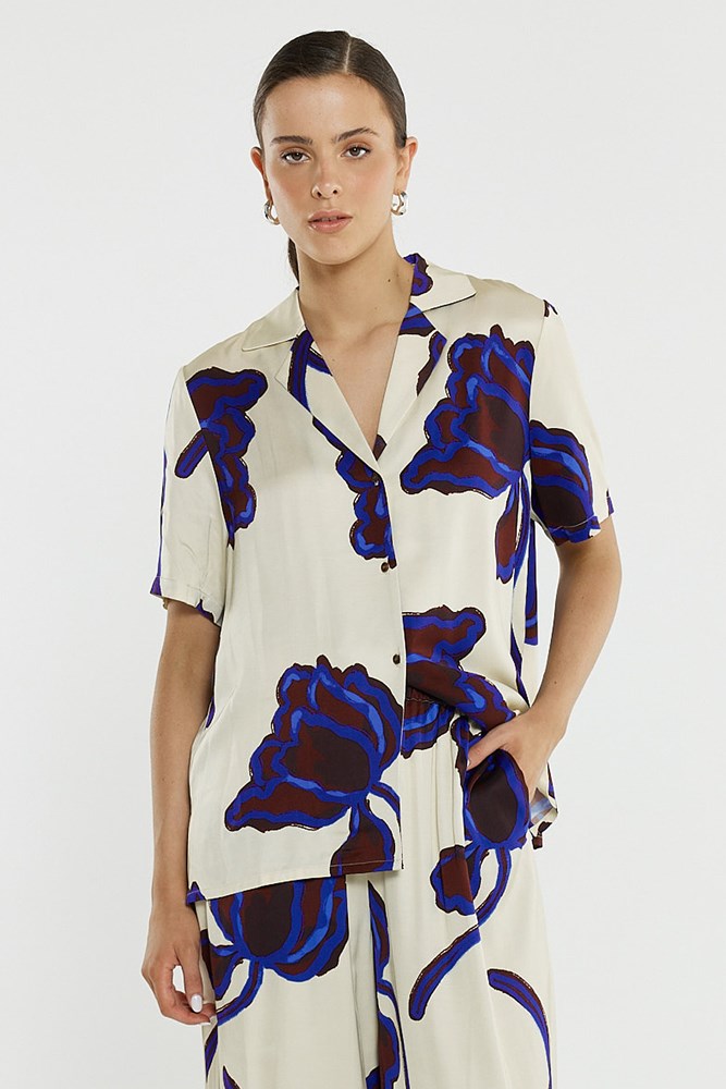Image of Blouses. Product name - Jade Satin Shirt in Winter Poppy colour by brand - Sass Clothing