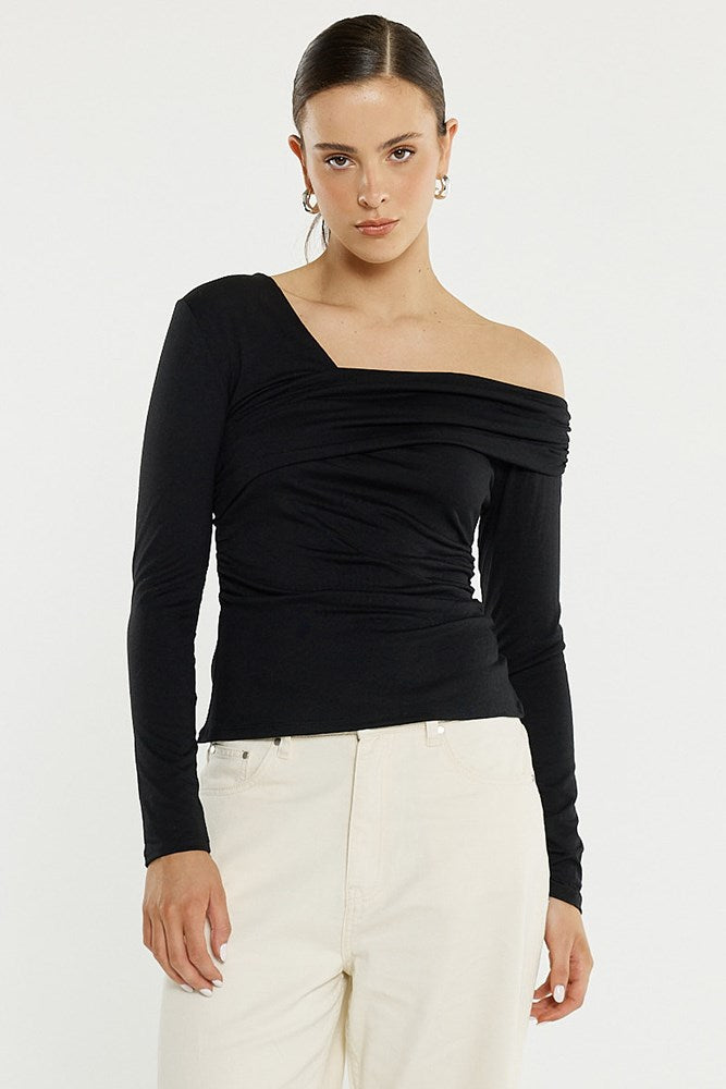 Image of a model wearing Tops. Product name - Tess Asymetric Top in Black colour by brand - Sass Clothing