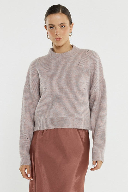Image of a model wearing Outerwear. Product name - Innes Pointelle Jumper in Pink Marle colour by brand - Sass Clothing