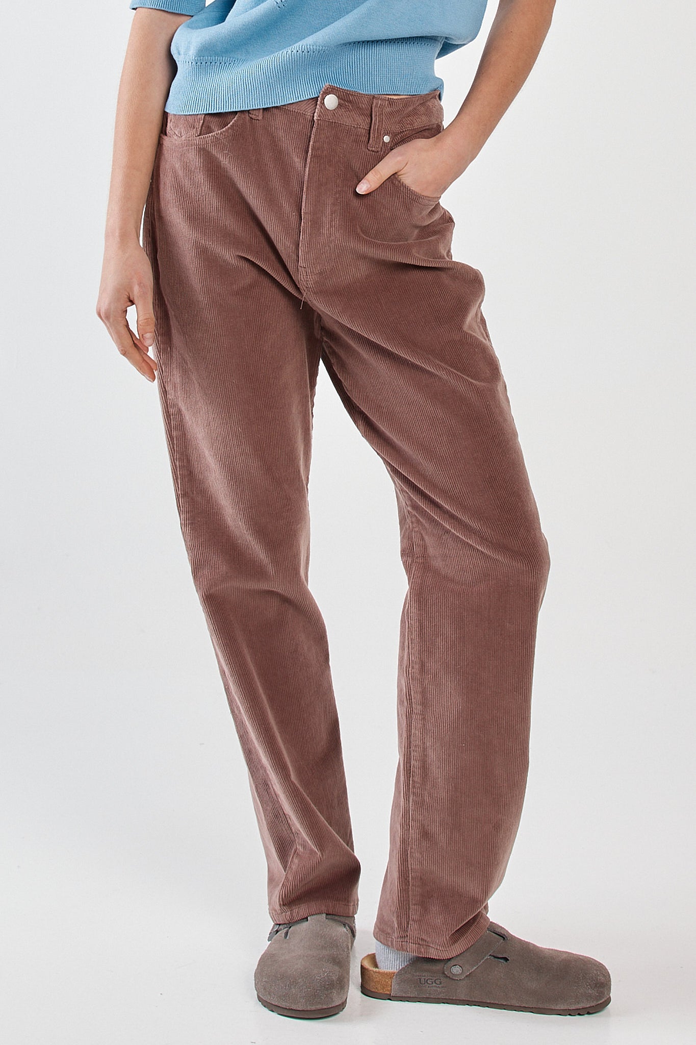 Image of a model wearing Pants. Product name - Parco Cord Straight Jean Mushroom in Mushroom colour by brand - Sass Clothing