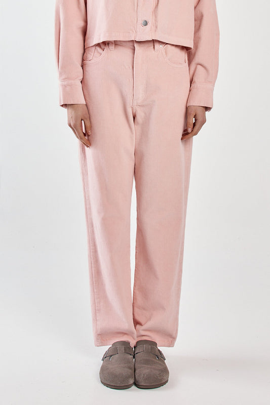 Image of a model wearing Pants. Product name - Parco Cord Straight Jean Dusty Pink in Dusty Pink colour by brand - Sass Clothing