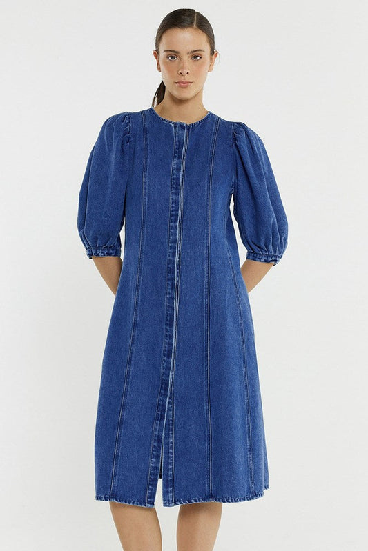 Image of Dresses. Product name - Elijah Midi Denim Dress in Classic Blue colour by brand - Sass Clothing