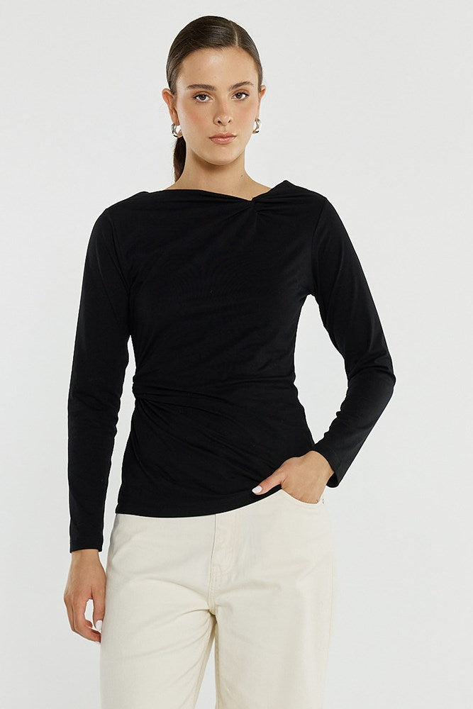 Image of a model wearing Tops. Product name - Sophia Twisted Top in Black colour by brand - Sass Clothing