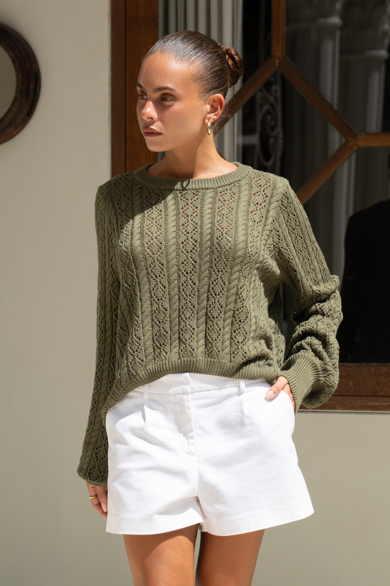 Heychic Haisley Pointelle Knit Sweater (Khaki)