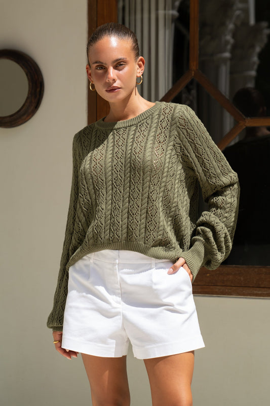 Image of a model wearing Tops. Productname: Haisley Khaki Pointelle Knit Sweater in Khaki colour by brand - Heychic