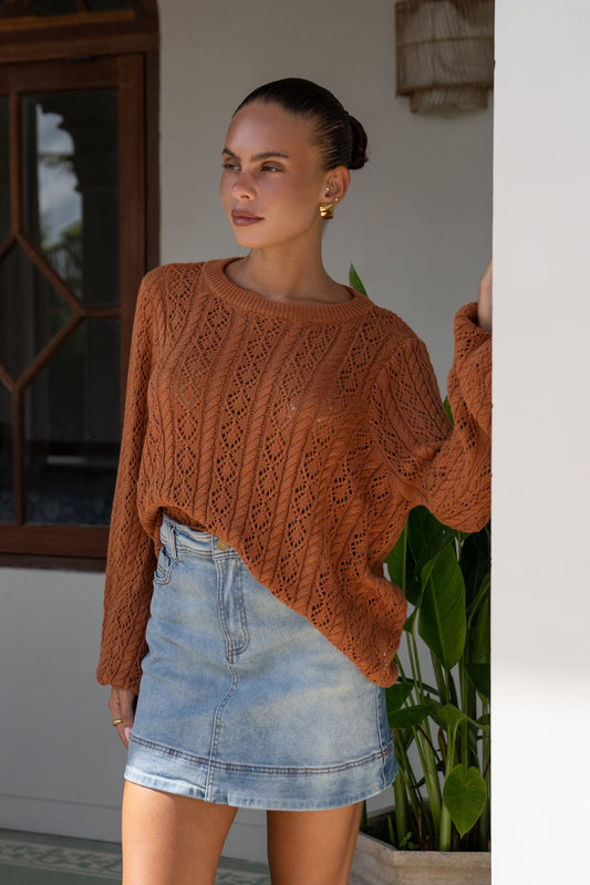 Image of a model wearing Tops. Productname: Heychic Haisley Brown Pointelle Knit Sweater in Brown colour by brand - Heychic