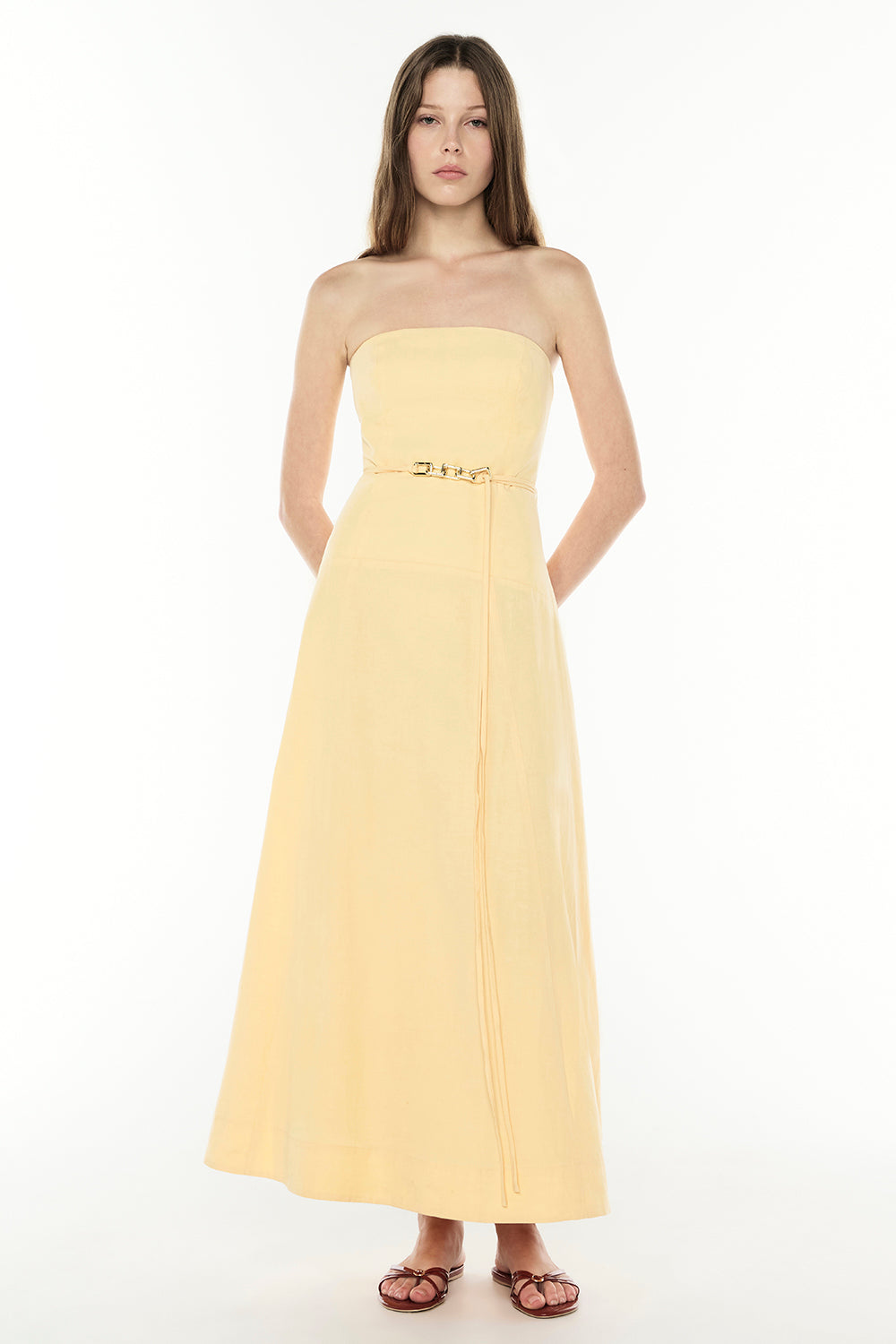 Image of Dresses. Productname: Chasing Sunsets Strapless Dress in HONEYCOMB colour by brand - Manning Cartell