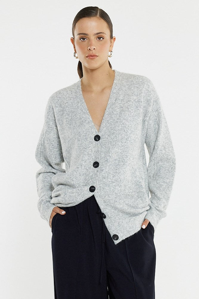 Image of a model wearing Outerwear. Product name - Lee Longline Cardi in Grey Marle colour by brand - Sass Clothing