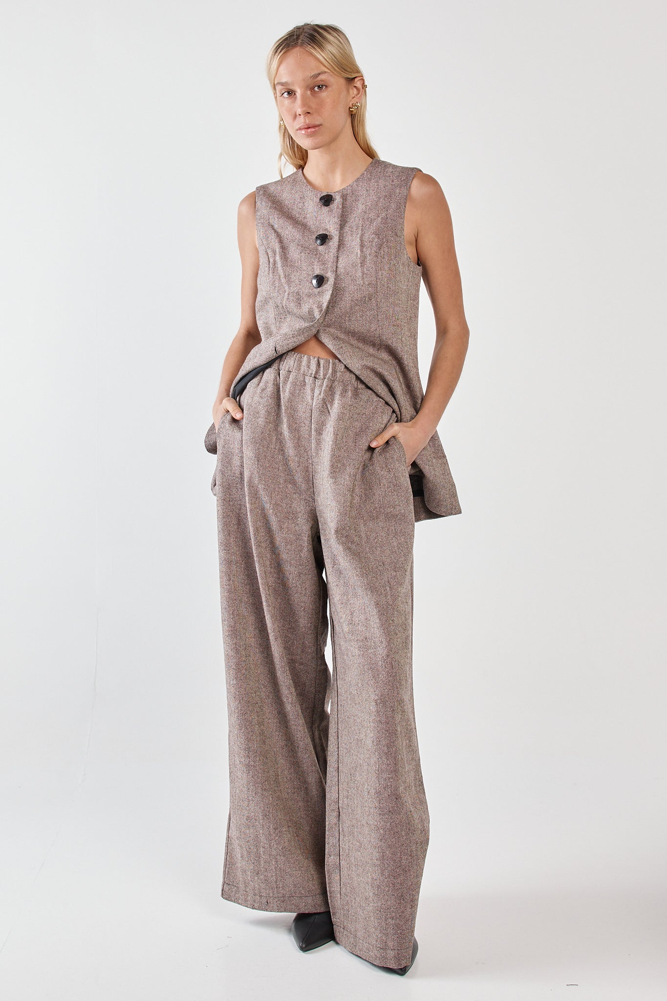 Image of a model wearing Pants. Product name - Thalia Pull On Pant Chocolate Birdseye in Chocolate Birdseye colour by brand - Sass Clothing