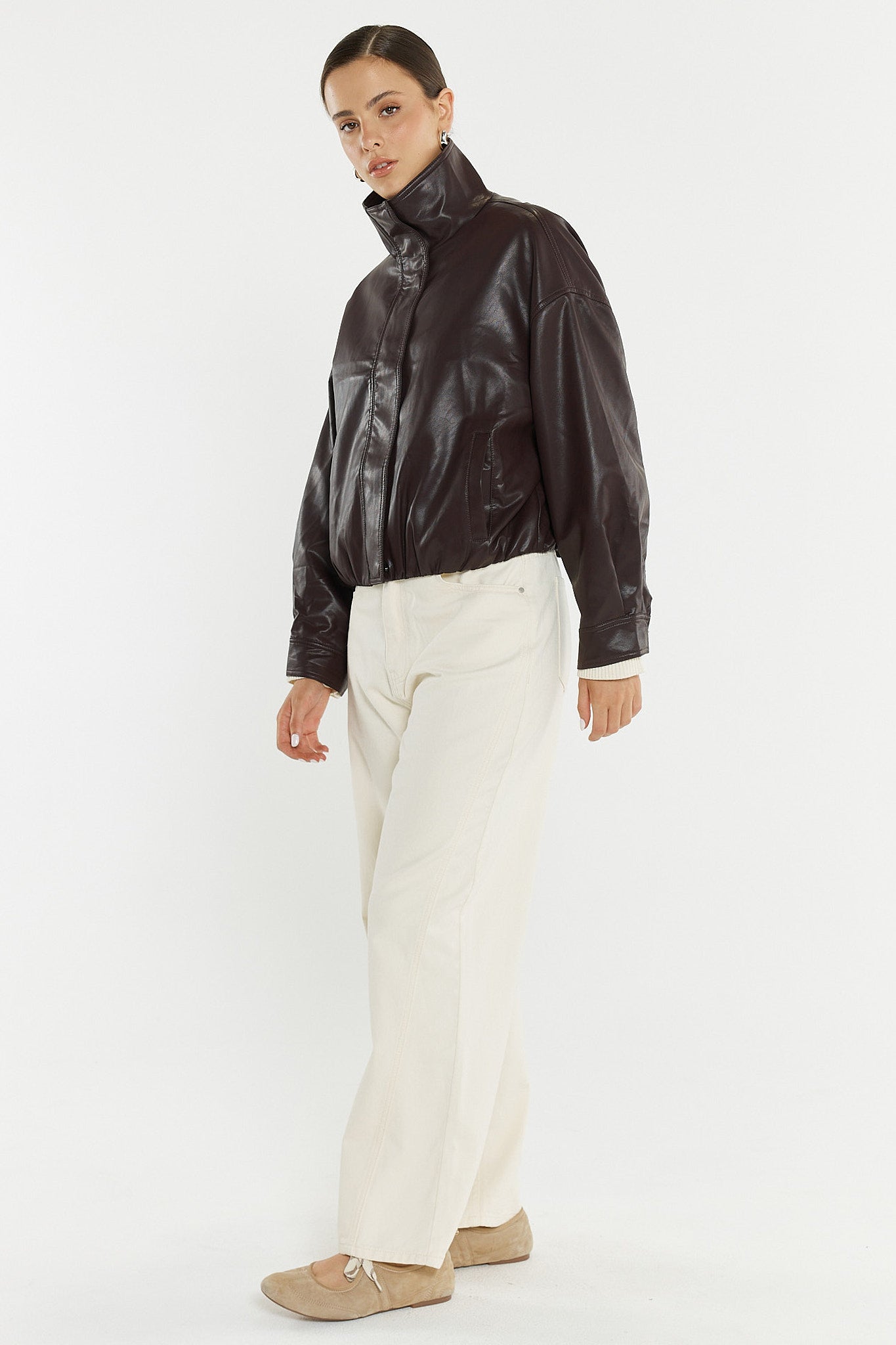 Image of a model wearing Pants. Product name - Nuala Wide Leg Jean Parchment in Parchment colour by brand - Sass Clothing