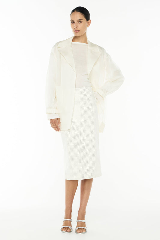 Image of a model wearing Outerwear. Productname: Organza Bomber in IVORY colour by brand - Manning Cartell