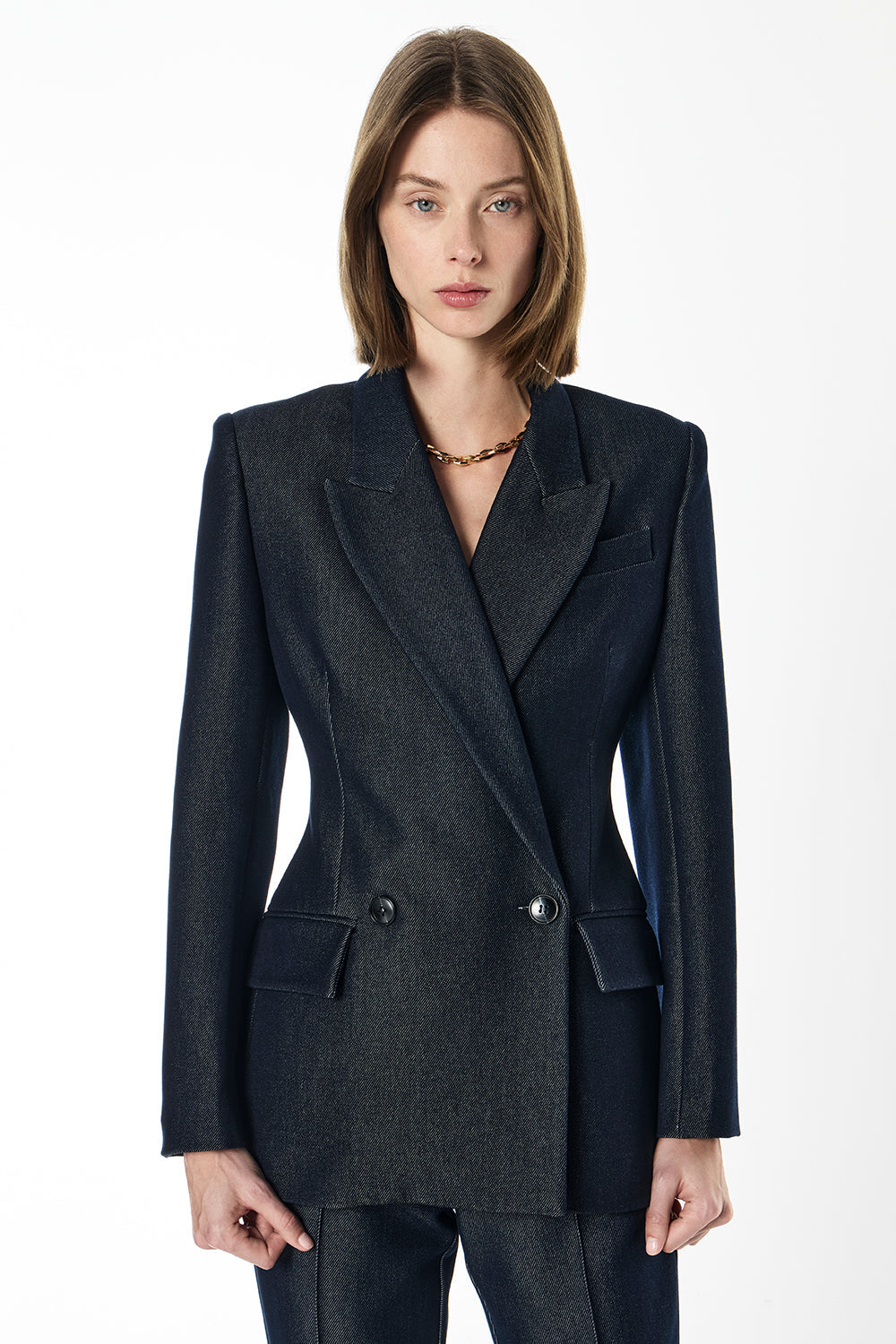 Image of a model wearing Outerwear. Productname: Dark Poetry Blazer in Indigo colour by brand - Manning Cartell
