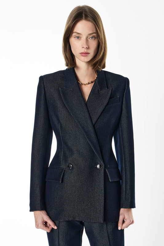 Image of a model wearing Outerwear. Productname: Dark Poetry Blazer in Indigo colour by brand - Manning Cartell