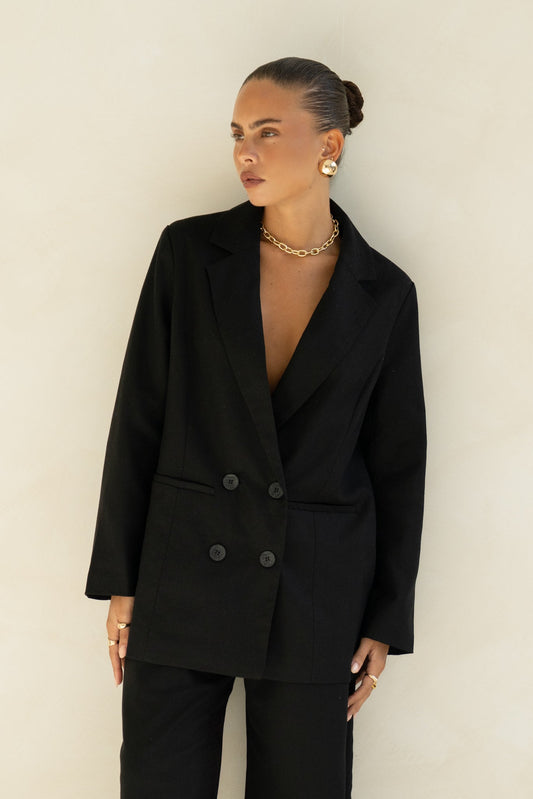 Image of a model wearing Tops. Productname: Heychic Keke Black Double Breasted Blazer in Black colour by brand - Heychic