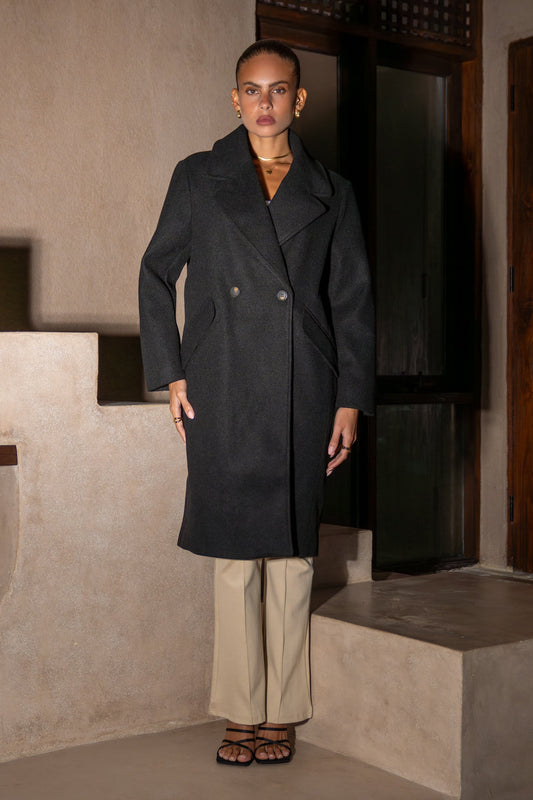 Image of a model wearing Tops. Productname: Heychic Huxley Black Double Breasted Coat in Black colour by brand - Heychic