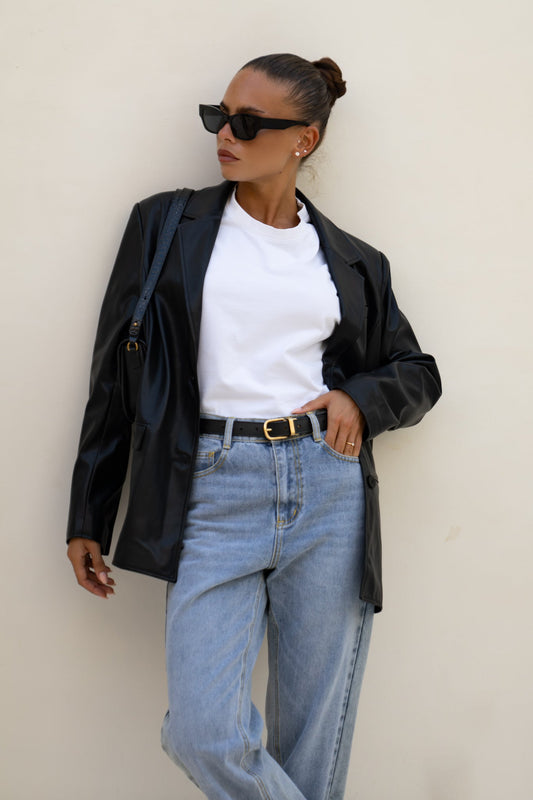Image of a model wearing Tops. Productname: Heychic Ellison Faux Leather Jacket in Black colour by brand - Heychic