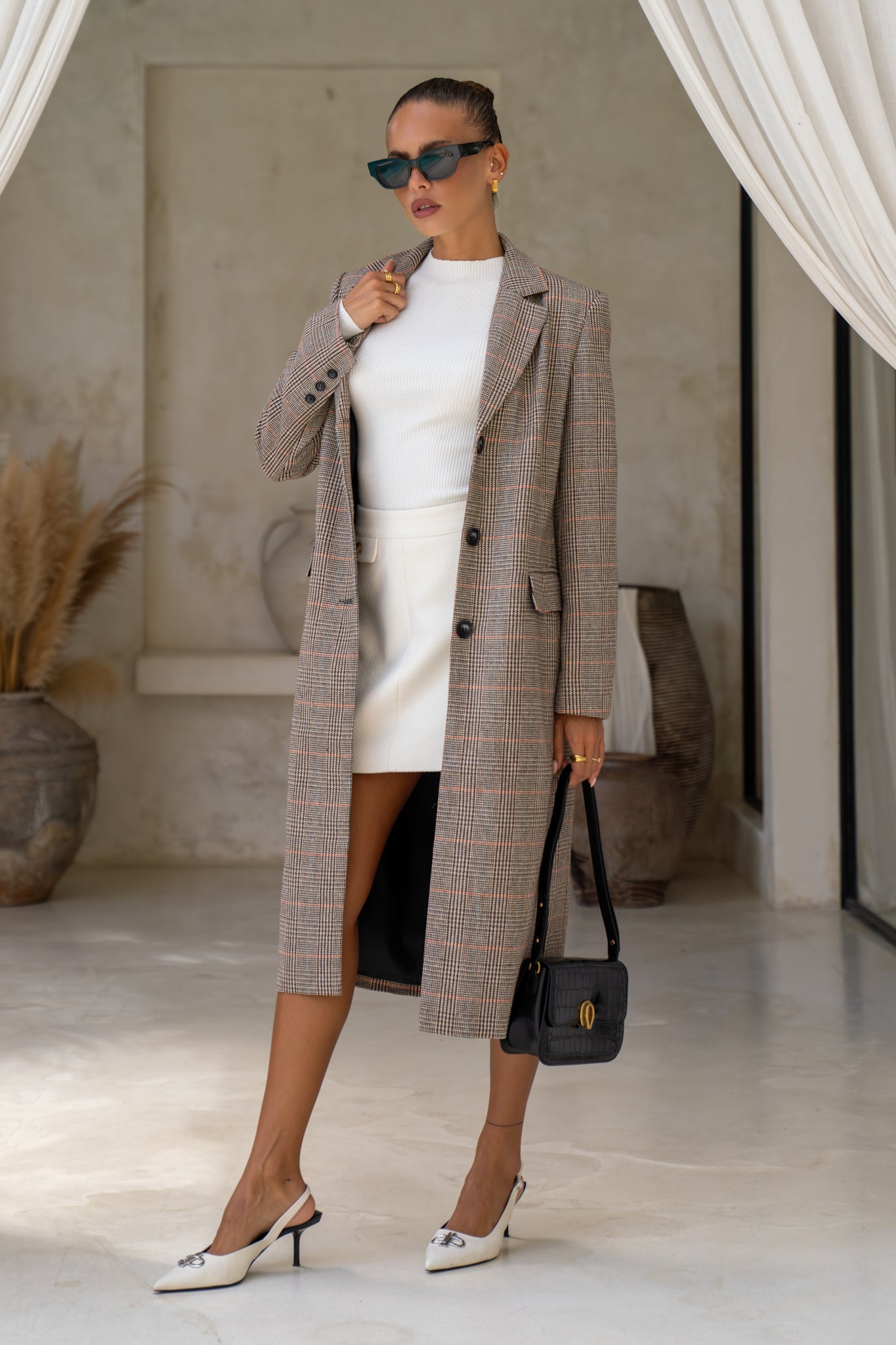 Image of a model wearing Tops. Productname: Heychic Briar Brown Plaid Coat in Brown colour by brand - Heychic