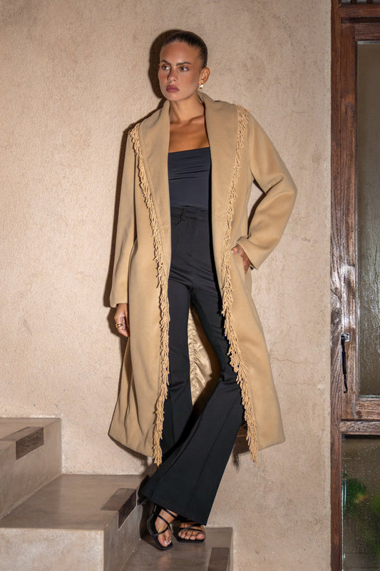 Image of a model wearing Tops. Productname: Heychic Lennon Fringed Coat in Camel colour by brand - Heychic