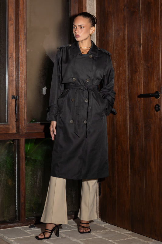 Image of a model wearing Tops. Productname: Heychic Trace Trench Coat in Black colour by brand - Heychic