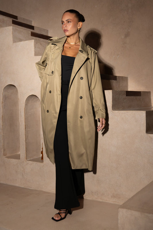 Image of a model wearing Tops. Productname: Heychic Trace Trench Coat in Khaki colour by brand - Heychic