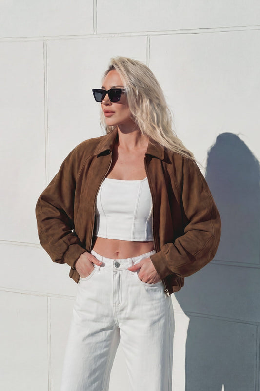 Image of a model wearing Tops. Product name - Alisa Brown Jacket in Brown colour by brand - HEYCHIC