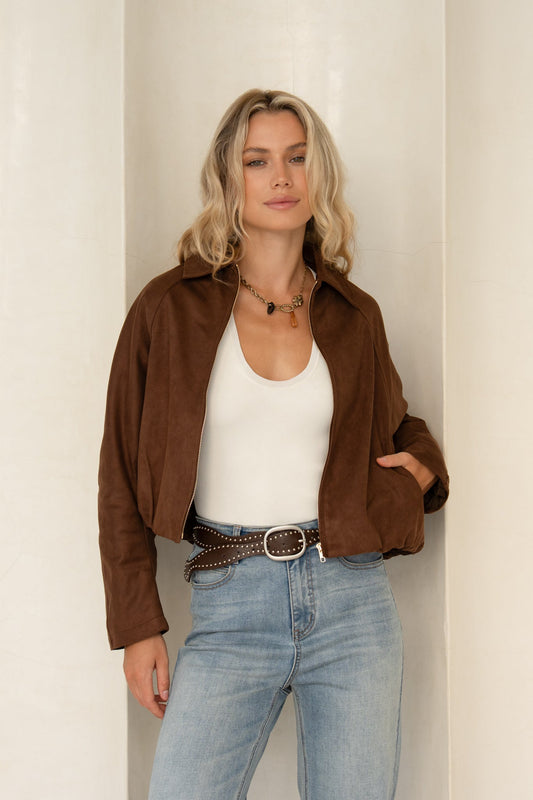 Image of a model wearing Tops. Product name - Alisa Brown Jacket in Brown colour by brand - HEYCHIC