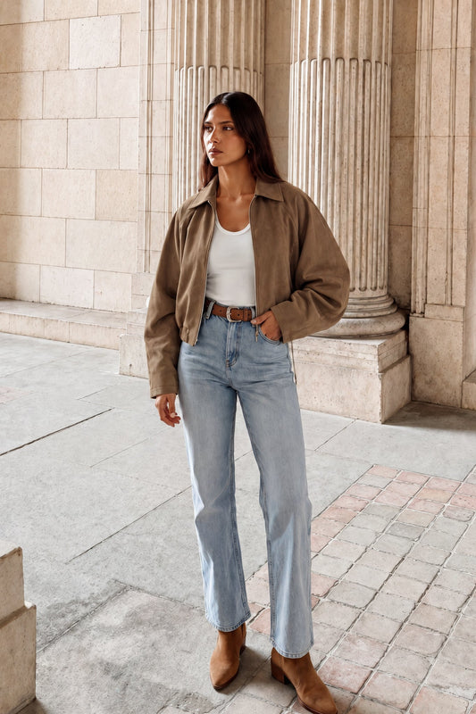 Image of a model wearing Tops. Product name - Alisa Tan Jacket in Tan colour by brand - HEYCHIC