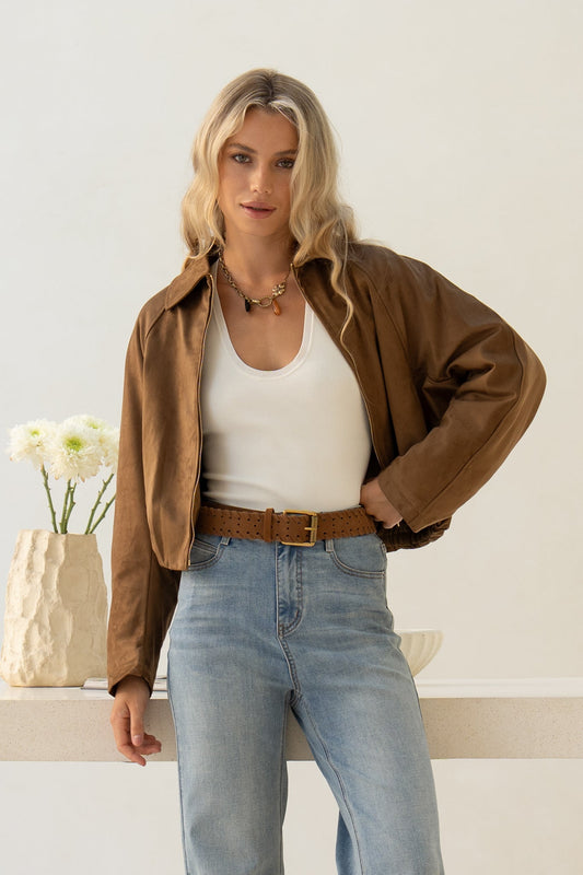 Image of a model wearing Tops. Product name - Alisa Tan Jacket in Tan colour by brand - HEYCHIC
